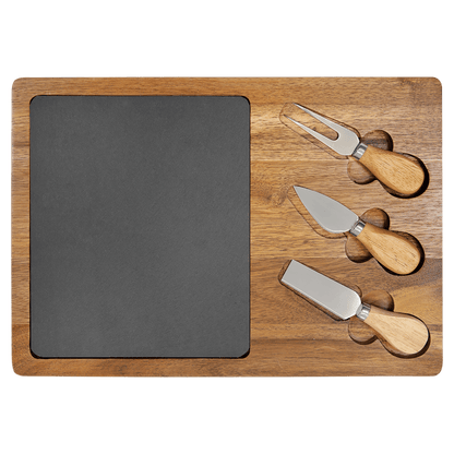 13 3/4" x 9 3/4" Acacia Wood/Slate Rectangle Cheese Set with Three Tools